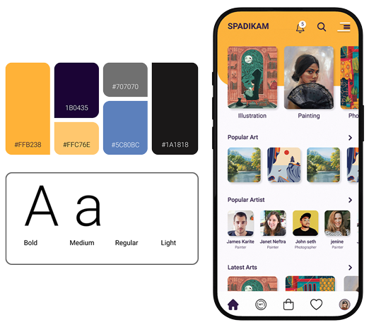 Brand guidelines for SPADIKAM showing logo, colour palette, and typography.