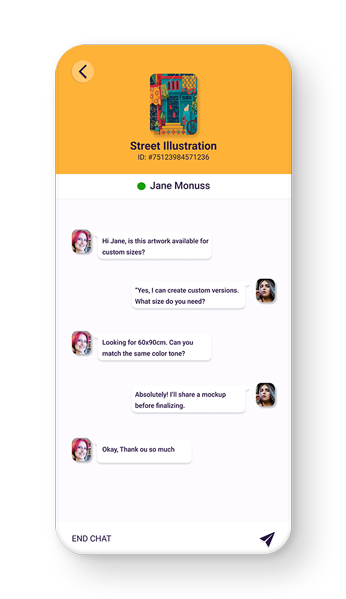In-app chat screen in the SPADIKAM mobile app for communication between buyers and artists.