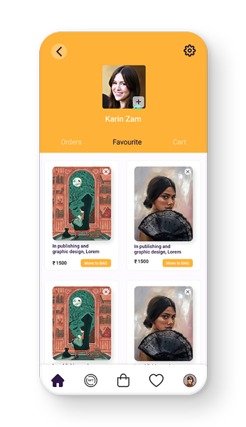 Favourites screen in the SPADIKAM mobile app where buyers can save and manage their preferred artwork.
