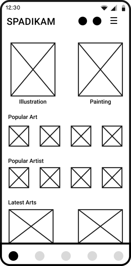 Home screen interface of the SPADIKAM mobile app featuring artwork discovery and browsing.