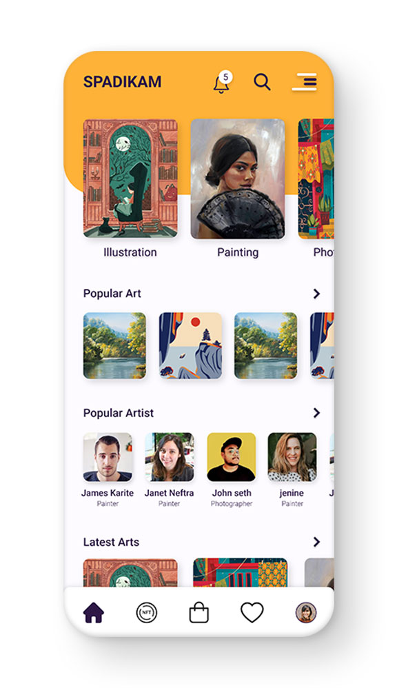 Home screen UI of the SPADIKAM mobile app featuring artwork discovery and featured collections.