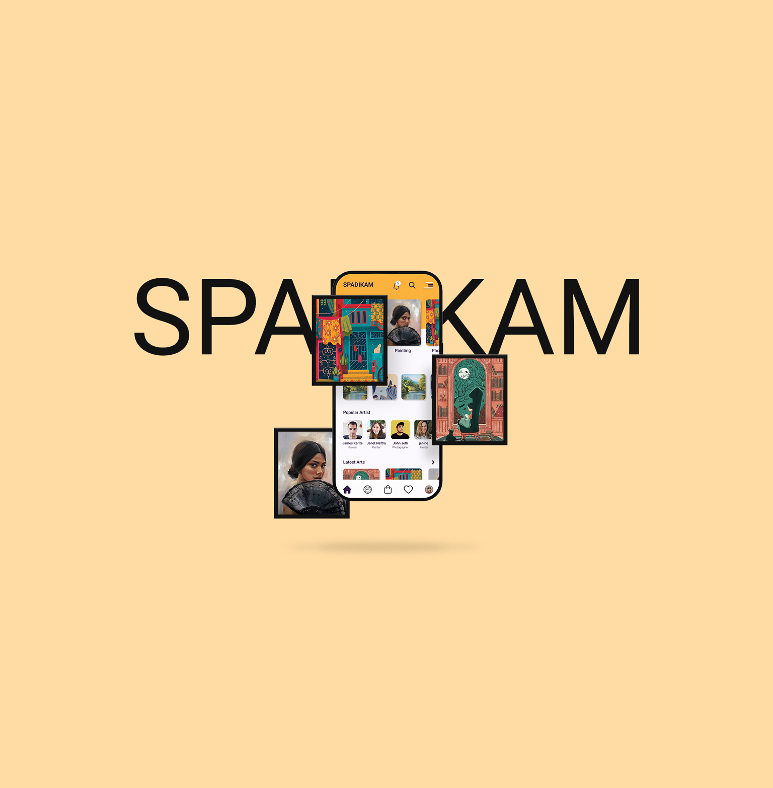 Hero image showcasing the UI design for the SPADIKAM mobile art marketplace app by Saju P.
