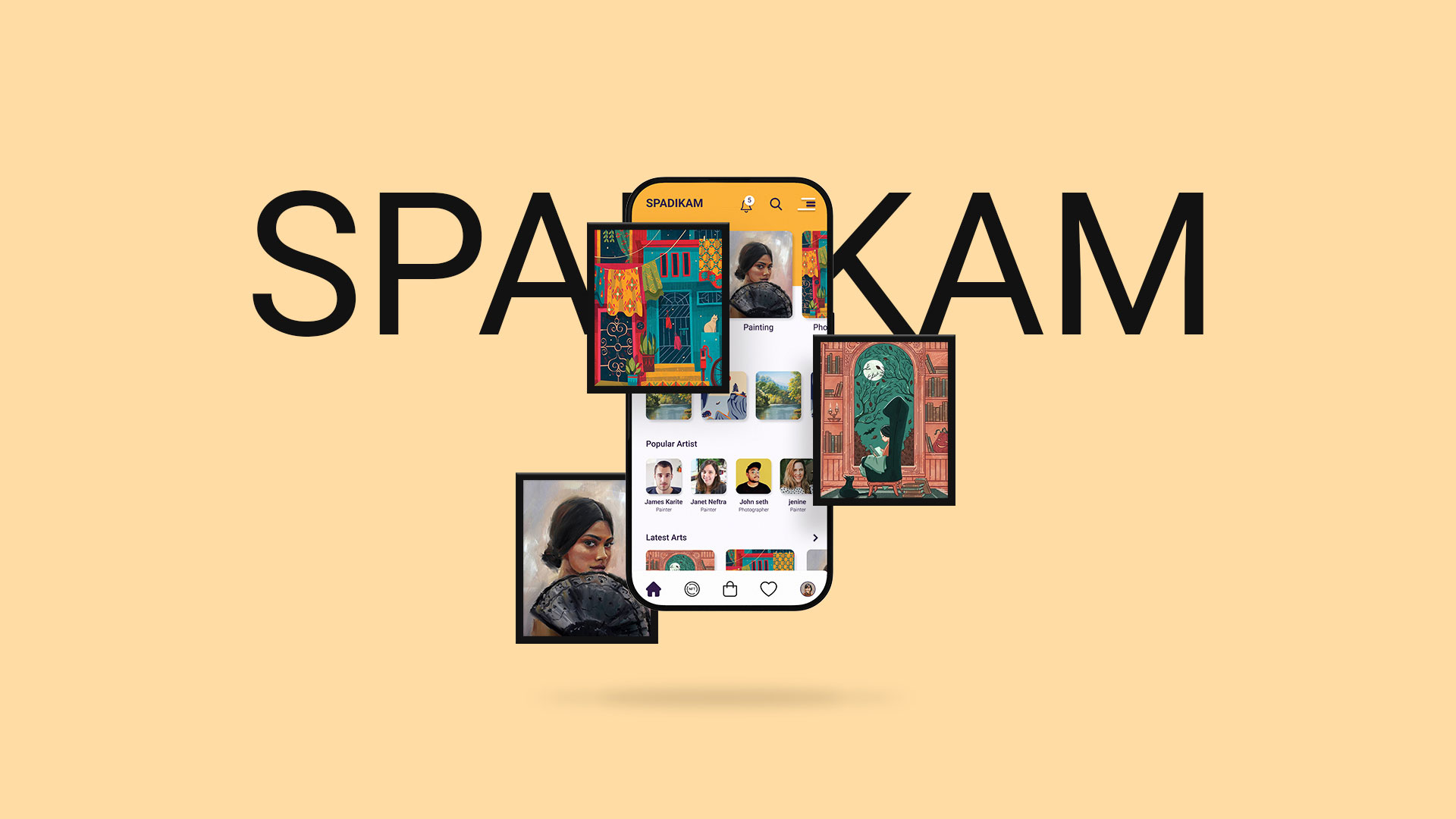 Hero image showcasing the UI design for the SPADIKAM mobile art marketplace app by Saju P.