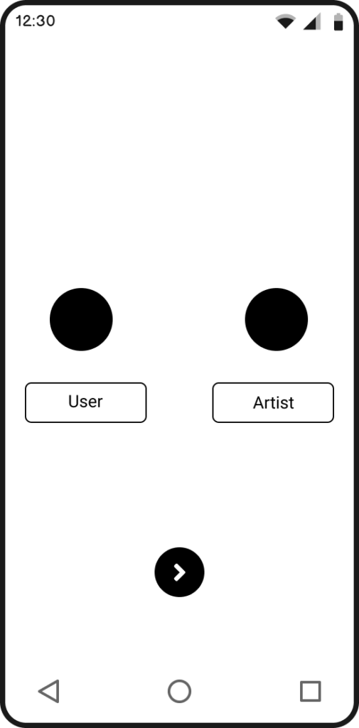 User role selection screen allowing users to choose between Artist and Buyer in the SPADIKAM mobile app.